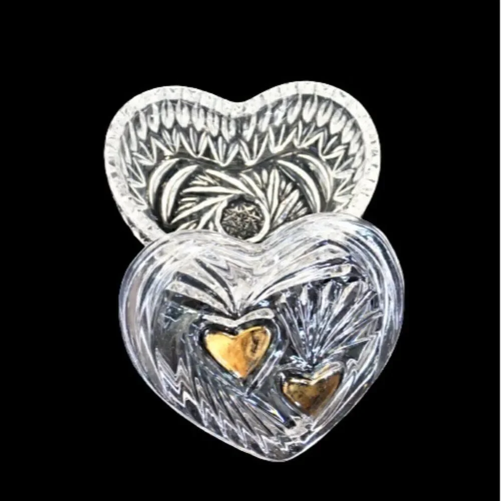 Vintage Trinket Dish Heart Shaped Starburst Crystal Cut Glass Jewelry Box